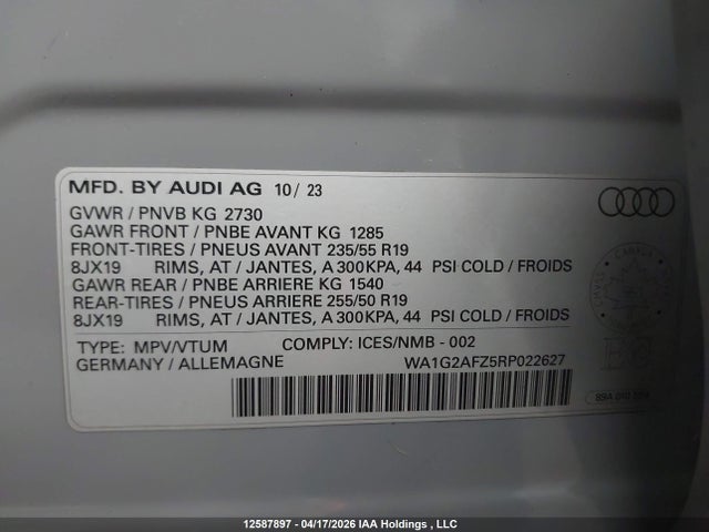 12587897 :رقم المزاد ، WA1G2AFZ5RP022627 vin ، 2024 Audi Q4 E-tron مزاد بيع