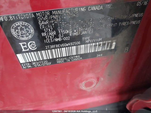 2T3RFREV6GW492506 Toyota Rav4 Xle