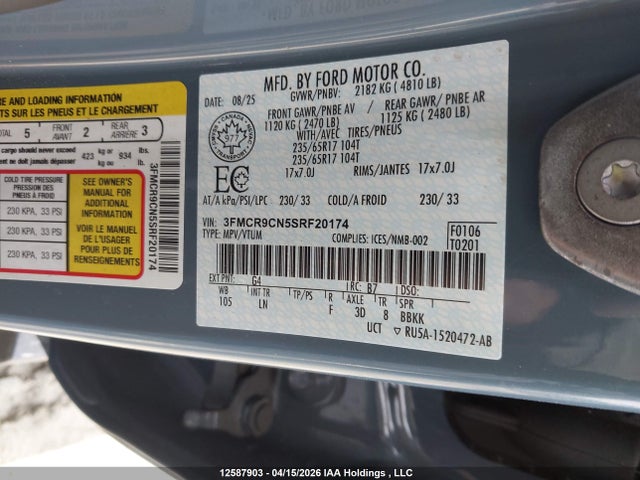 2025 Ford Bronco Sport Outer Banks მანქანა იყიდება აუქციონზე, vin: 3FMCR9CN5SRF20174, აუქციონის ნომერი: 12587903