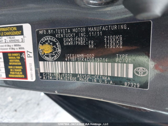 2012 Toyota Camry Se/le/xle მანქანა იყიდება აუქციონზე, vin: 4T1BF1FK4CU519714, აუქციონის ნომერი: 12587904