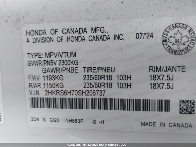 12587908 :رقم المزاد ، 2HKRS6H70SH206737 vin ، 2025 Honda Cr-v Ex-l Hybrid مزاد بيع