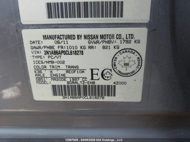12587928 :رقم المزاد ، 3N1AB6AP0CL618278 vin ، 2012 Nissan Sentra مزاد بيع