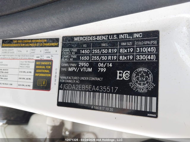 12571325 :رقم المزاد ، 4JGDA2EB5EA435517 vin ، 2014 Mercedes-benz Ml 350 Bluetec 4matic مزاد بيع