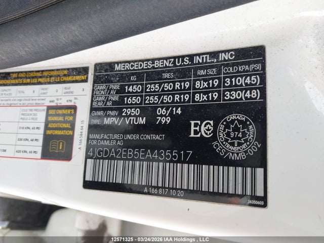 12571325 :رقم المزاد ، 4JGDA2EB5EA435517 vin ، 2014 Mercedes-benz Ml 350 Bluetec 4matic مزاد بيع