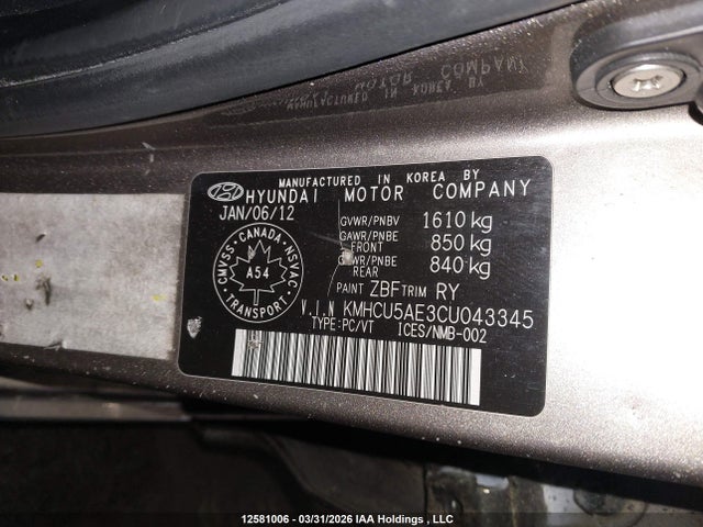 Aukcja sprzedaży 2012 Hyundai Accent Gls, vin: KMHCU5AE3CU043345, numer aukcji: 12581006