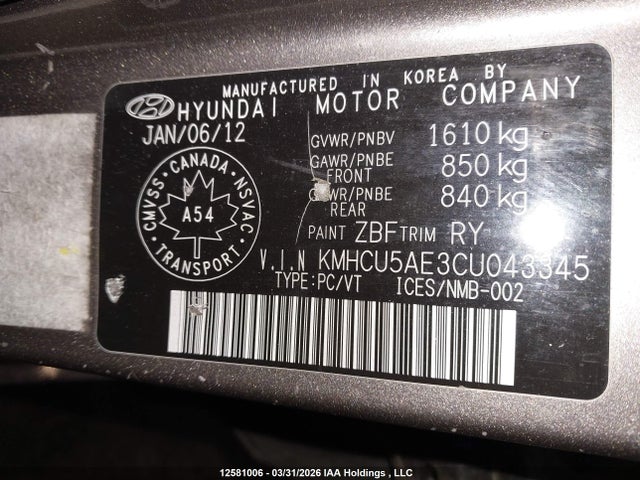 Aukcja sprzedaży 2012 Hyundai Accent Gls, vin: KMHCU5AE3CU043345, numer aukcji: 12581006