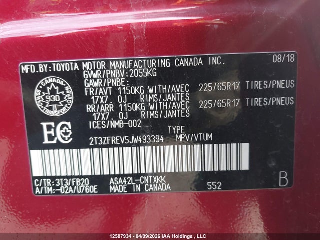 2018 Toyota Rav4 Le მანქანა იყიდება აუქციონზე, vin: 2T3ZFREV5JW493394, აუქციონის ნომერი: 12587934