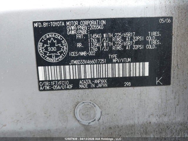12587939 :رقم المزاد ، JTMBD33V466017251 vin ، 2006 Toyota Rav4 مزاد بيع
