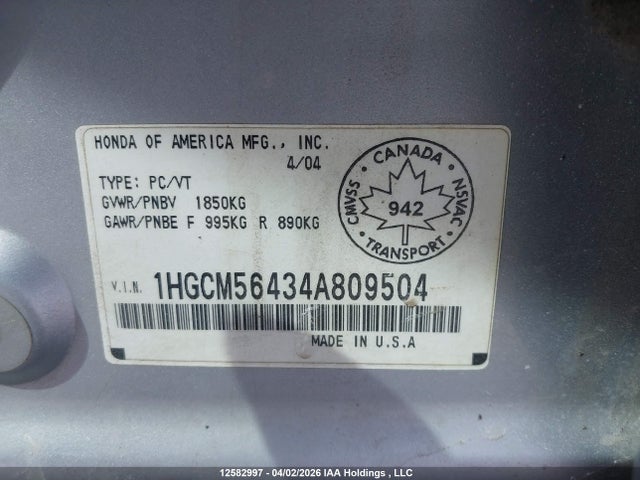 Продаж на аукціоні авто 2004 Honda Accord Lx-g, vin: 1HGCM56434A809504, номер лоту: 12582997