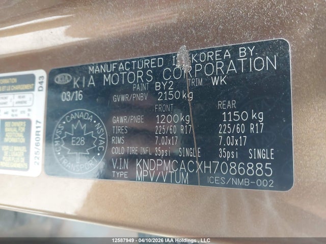 KNDPMCACXH7086885 KIA Sportage Lx