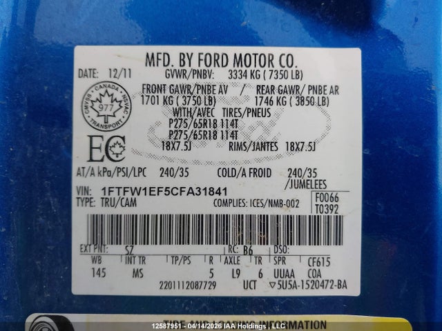 Продажа на аукционе авто 2012 Ford F-150 Xlt, vin: 1FTFW1EF5CFA31841, номер лота: 12587951
