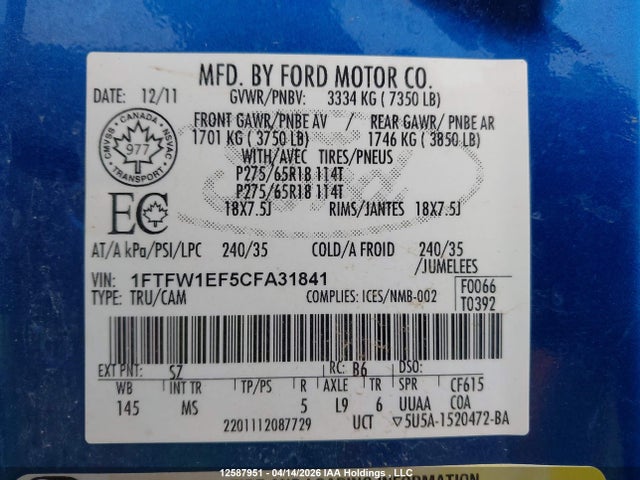 Продажа на аукционе авто 2012 Ford F-150 Xlt, vin: 1FTFW1EF5CFA31841, номер лота: 12587951