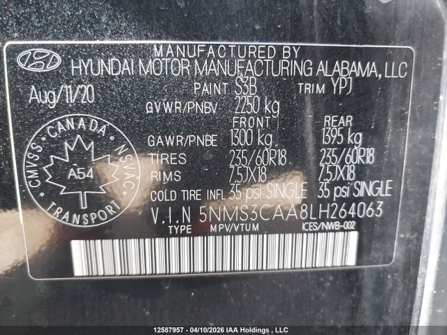 Продажа на аукционе авто 2020 Hyundai Santa Fe Luxury Turbo Awd, vin: 5NMS3CAA8LH264063, номер лота: 12587957