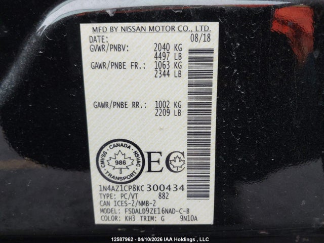 2019 Nissan Leaf მანქანა იყიდება აუქციონზე, vin: 1N4AZ1CP8KC300434, აუქციონის ნომერი: 12587962