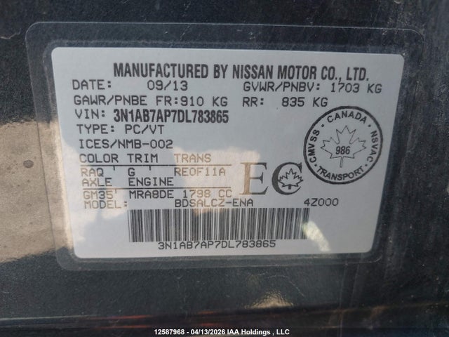 12587968 :رقم المزاد ، 3N1AB7AP7DL783865 vin ، 2013 Nissan Sentra 1.8 S/1.8 Sv مزاد بيع