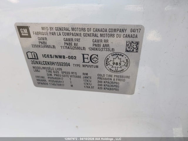 2017 Chevrolet Equinox Lt მანქანა იყიდება აუქციონზე, vin: 2GNALCEK8H1592004, აუქციონის ნომერი: 12587972