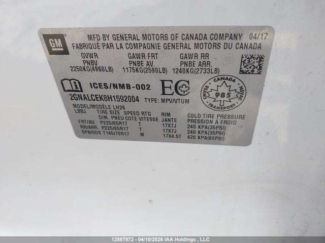 2017 Chevrolet Equinox Lt მანქანა იყიდება აუქციონზე, vin: 2GNALCEK8H1592004, აუქციონის ნომერი: 12587972