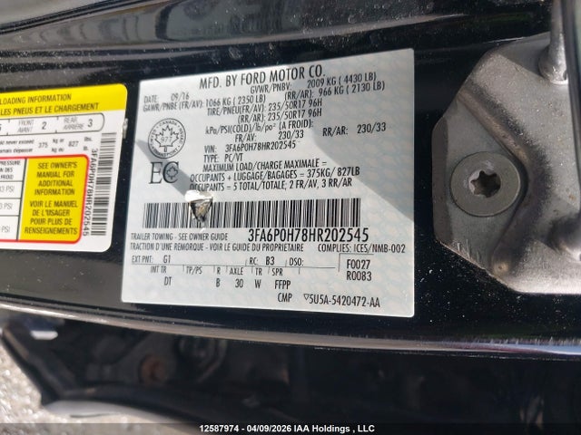Продажа на аукционе авто 2017 Ford Fusion, vin: 3FA6P0H78HR202545, номер лота: 12587974