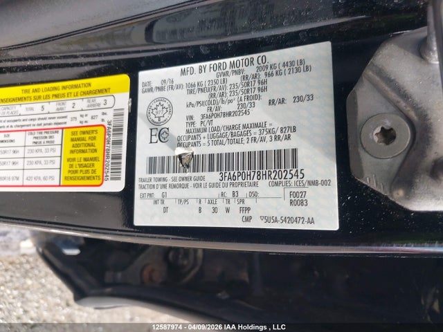 Продажа на аукционе авто 2017 Ford Fusion, vin: 3FA6P0H78HR202545, номер лота: 12587974