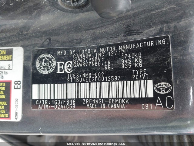 2013 Toyota Corolla მანქანა იყიდება აუქციონზე, vin: 2T1BU4EE3DC012597, აუქციონის ნომერი: 12587984
