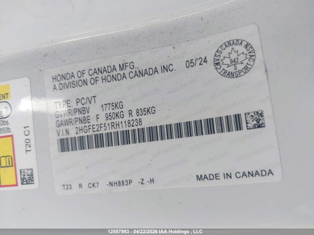 2HGFE2F51RH118238 Honda Civic Sport