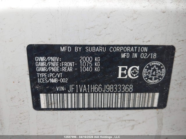 Aukcja sprzedaży 2018 Subaru Wrx, vin: JF1VA1H66J9833368, numer aukcji: 12587996