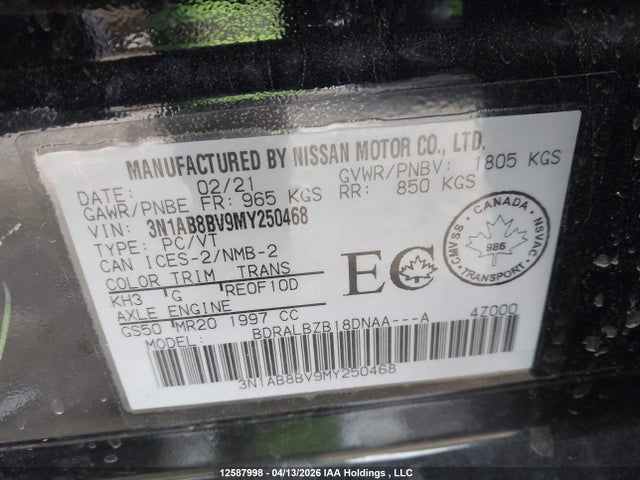3N1AB8BV9MY250468 Nissan Sentra S/s Plus
