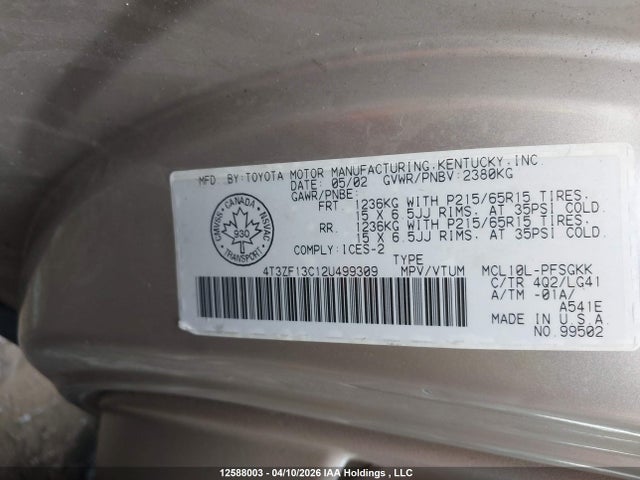 2002 Toyota Sienna Xle V6 მანქანა იყიდება აუქციონზე, vin: 4T3ZF13C12U499309, აუქციონის ნომერი: 12588003