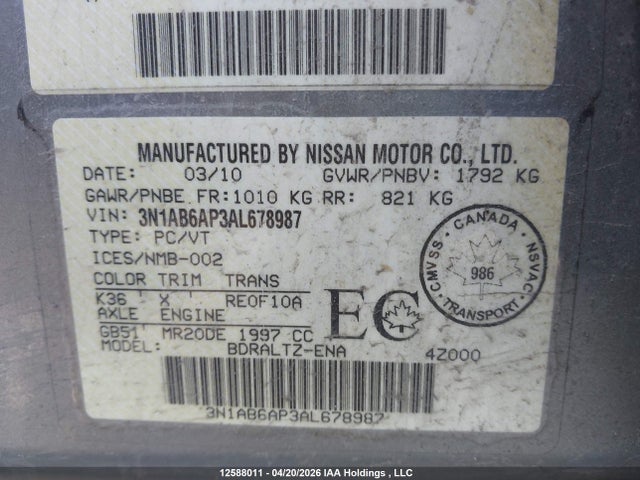 2010 Nissan Sentra მანქანა იყიდება აუქციონზე, vin: 3N1AB6AP3AL678987, აუქციონის ნომერი: 12588011