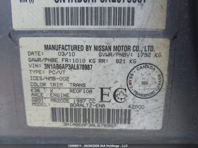 2010 Nissan Sentra მანქანა იყიდება აუქციონზე, vin: 3N1AB6AP3AL678987, აუქციონის ნომერი: 12588011