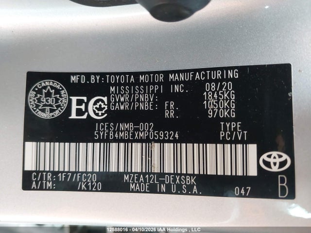 2021 Toyota Corolla Se მანქანა იყიდება აუქციონზე, vin: 5YFB4MBEXMP059324, აუქციონის ნომერი: 12588016