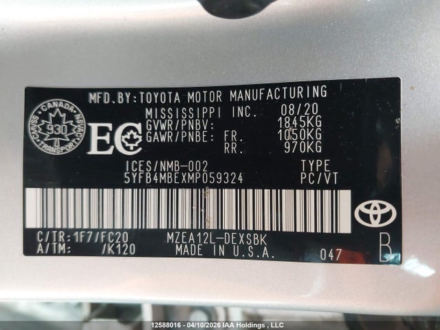 2021 Toyota Corolla Se მანქანა იყიდება აუქციონზე, vin: 5YFB4MBEXMP059324, აუქციონის ნომერი: 12588016
