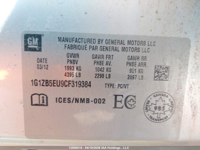 2012 Chevrolet Malibu Ls მანქანა იყიდება აუქციონზე, vin: 1G1ZB5EU9CF319384, აუქციონის ნომერი: 12588018
