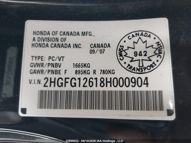 Aukcja sprzedaży 2008 Honda Civic, vin: 2HGFG12618H000904, numer aukcji: 12588022