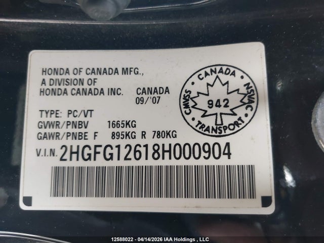 Aukcja sprzedaży 2008 Honda Civic, vin: 2HGFG12618H000904, numer aukcji: 12588022