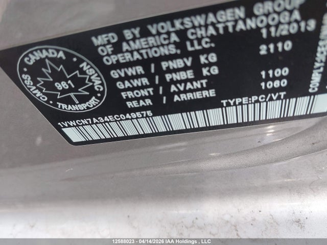 12588023 :رقم المزاد ، 1VWCN7A34EC049575 vin ، 2014 Volkswagen Passat 2.0 Tdi Highline مزاد بيع