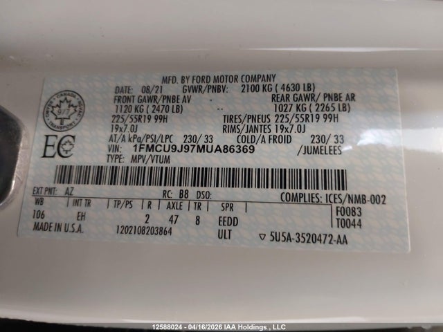 2021 Ford Escape Titanium მანქანა იყიდება აუქციონზე, vin: 1FMCU9J97MUA86369, აუქციონის ნომერი: 12588024