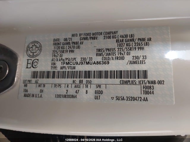 2021 Ford Escape Titanium მანქანა იყიდება აუქციონზე, vin: 1FMCU9J97MUA86369, აუქციონის ნომერი: 12588024