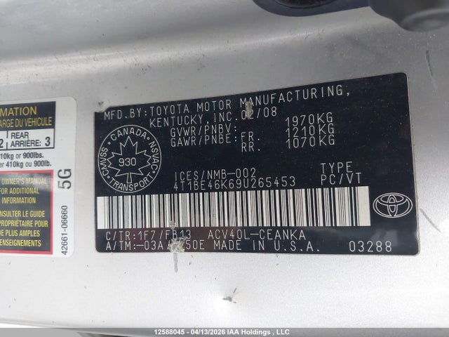 2009 Toyota Camry Se/le/xle მანქანა იყიდება აუქციონზე, vin: 4T1BE46K69U265453, აუქციონის ნომერი: 12588045