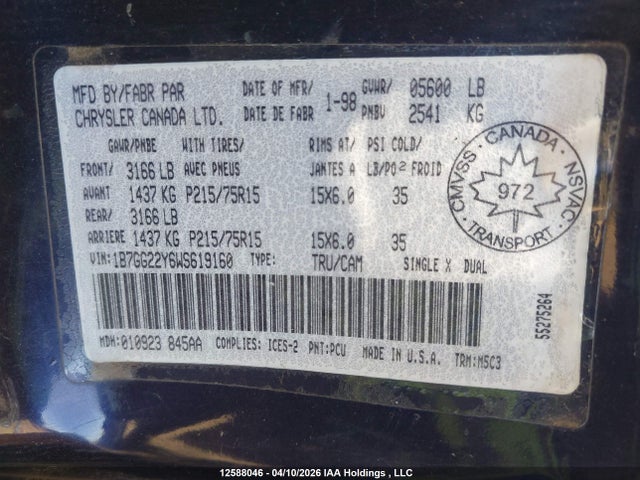 Продаж на аукціоні авто 1998 Dodge Dakota, vin: 1B7GG22Y6WS619160, номер лоту: 12588046