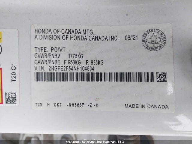 Aukcja sprzedaży 2022 Honda Civic Sport, vin: 2HGFE2F54NH104604, numer aukcji: 12588048