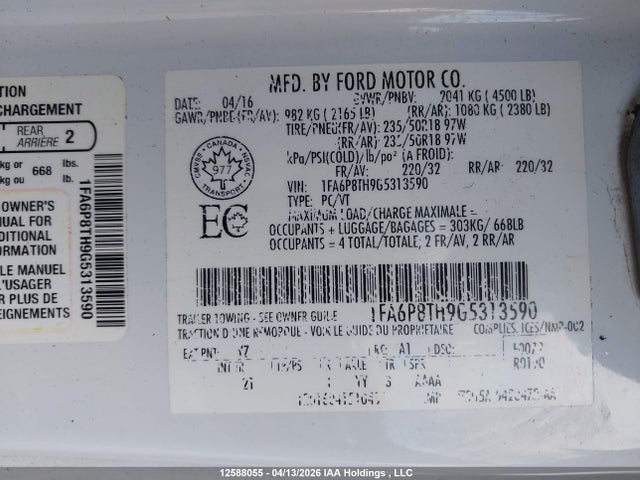 12588055 :رقم المزاد ، 1FA6P8TH9G5313590 vin ، 2016 Ford Mustang Ecoboost مزاد بيع