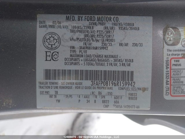Продажа на аукционе авто 2006 Ford Fusion Sel, vin: 3FAFP08196R159942, номер лота: 12588070