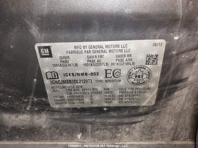 2013 Chevrolet Trax მანქანა იყიდება აუქციონზე, vin: 3GNCJMSB3DL212973, აუქციონის ნომერი: 12588081