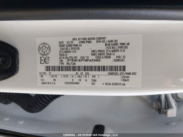 12588082 :رقم المزاد ، 1FTEW1EP7NFA53492 vin ، 2022 Ford F150 Supercrew مزاد بيع
