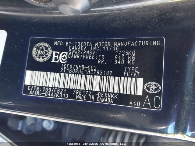 2017 Toyota Corolla Le მანქანა იყიდება აუქციონზე, vin: 2T1BURHE1HC793182, აუქციონის ნომერი: 12588083