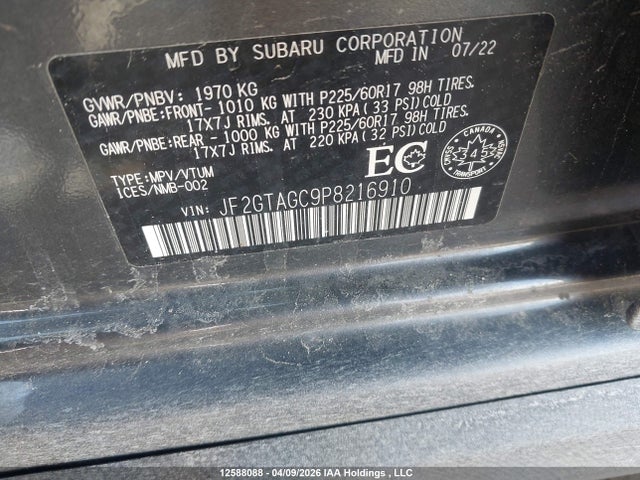 JF2GTAGC9P8216910 Subaru Crosstrek Sport