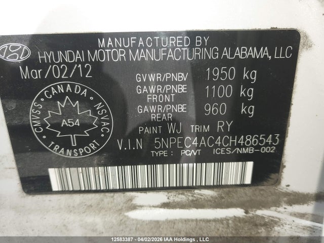 2012 Hyundai Sonata Limited მანქანა იყიდება აუქციონზე, vin: 5NPEC4AC4CH486543, აუქციონის ნომერი: 12583387
