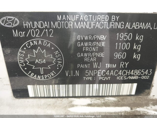 2012 Hyundai Sonata Limited მანქანა იყიდება აუქციონზე, vin: 5NPEC4AC4CH486543, აუქციონის ნომერი: 12583387