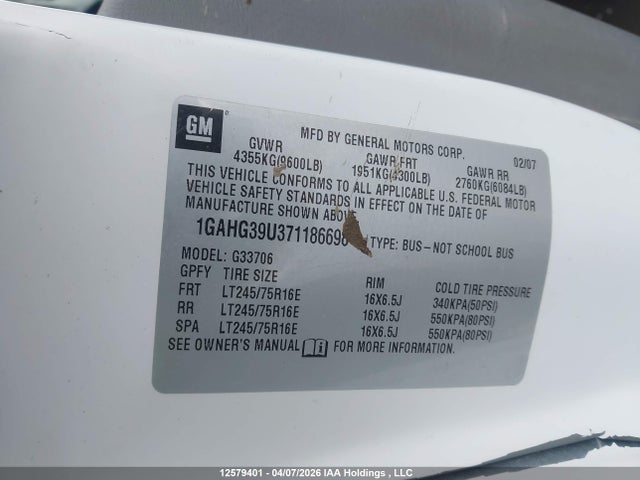 12579401 :رقم المزاد ، 1GAHG39U371186698 vin ، 2007 Chevrolet Express Ls مزاد بيع